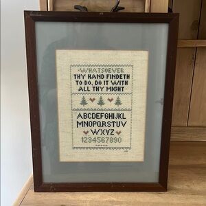 Framed Inspirational Cross-Stitch Sampler Art Hand Stitched 12” x 15” Vintage